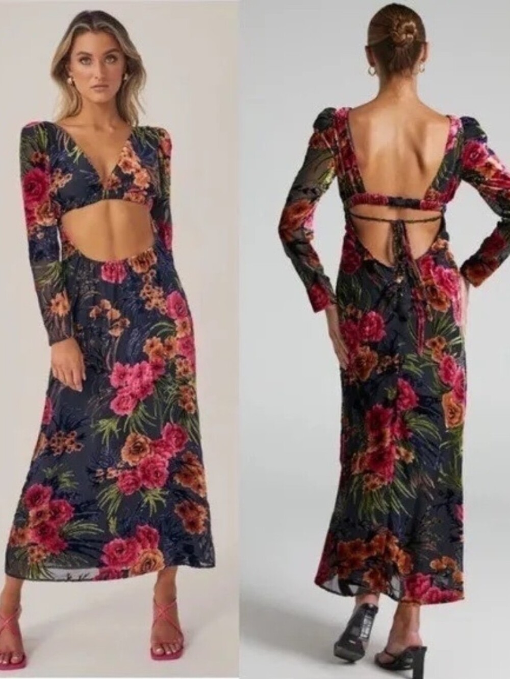 WeWoreWhat Cut Out Flocked Velvet Dress in Black Multi Size Medium